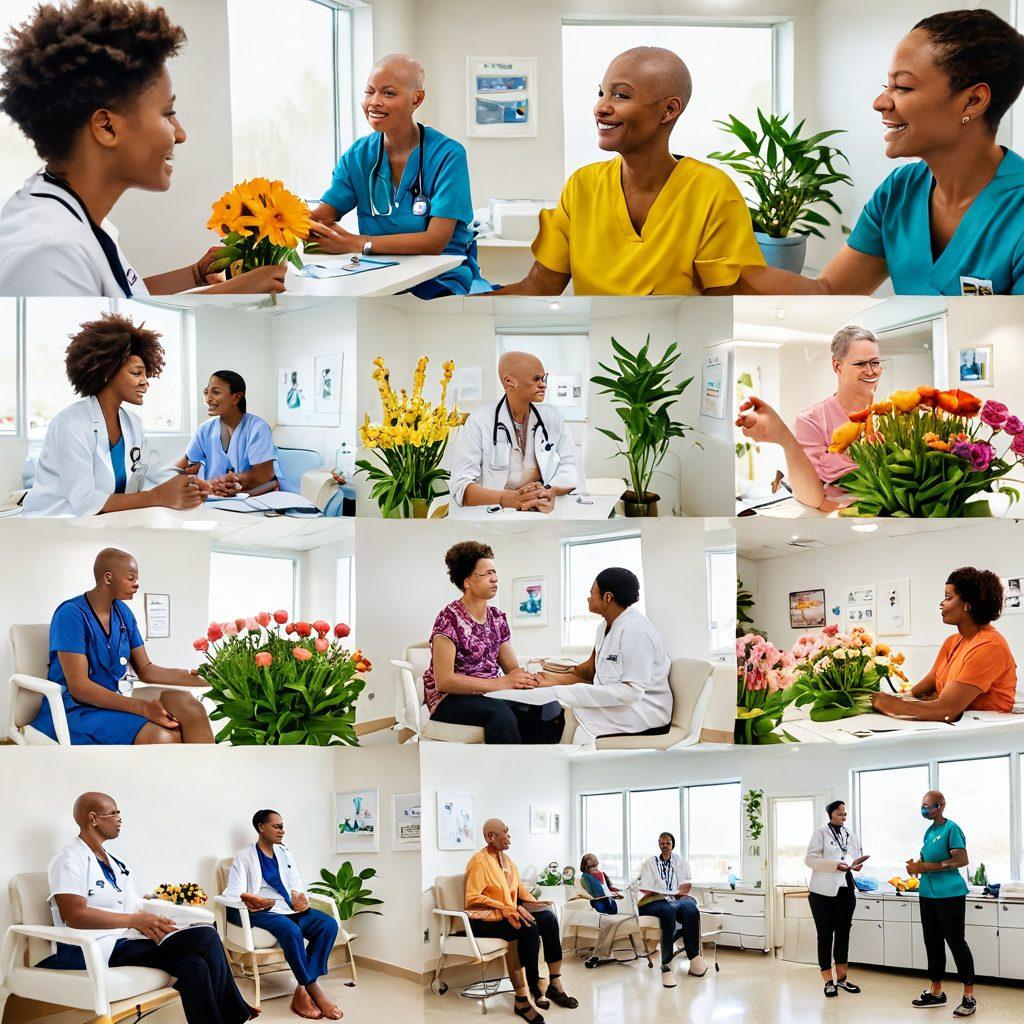 A collage illustrating the journey of cancer treatment, featuring a hopeful patient receiving chemotherapy in a bright, airy treatment room, a compassionate doctor discussing treatment options, and a group of diverse community advocates holding hands in solidarity. Include elements of nature, like blooming flowers symbolizing hope and resilience. super-realistic. vibrant colors. white background.