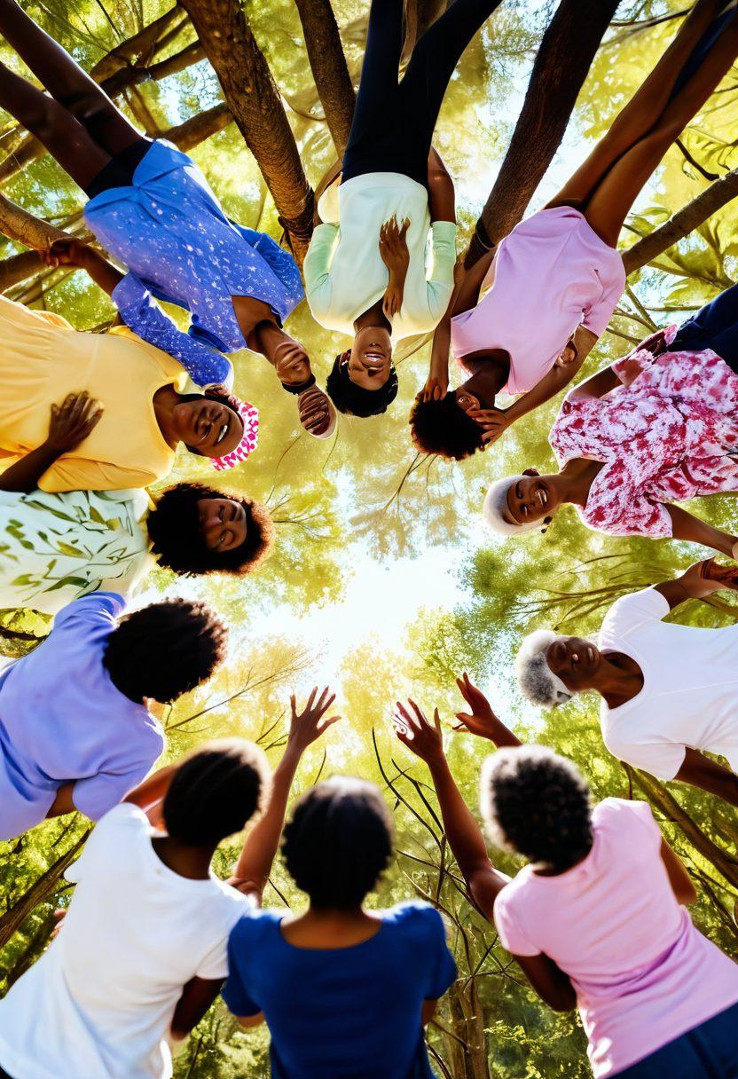 A group of diverse cancer survivors sharing their stories in a warm, supportive circle surrounded by nature. Each individual showcases unique emotions of strength, hope, and resilience, with interwoven elements of symbolic flowers representing growth and healing. Soft sunlight filters through the trees, creating a serene, uplifting atmosphere. The scene emphasizes connection, community, and empowerment. vibrant colors. soft focus.